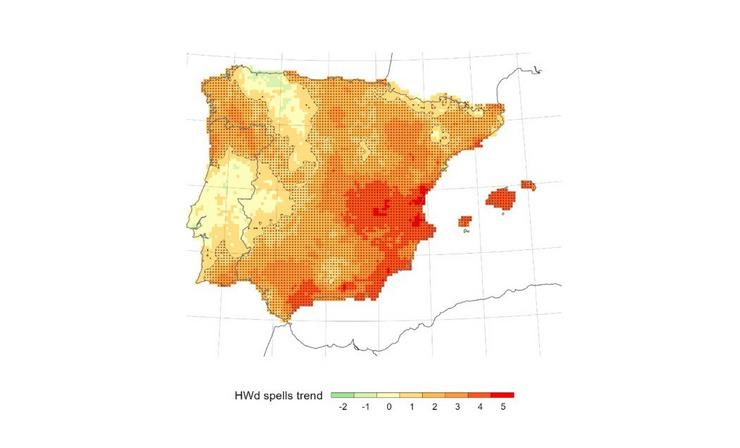 A extensión media das ondas de calor en España aumenta un 4% por década desde 1950, segundo un estudo da UVigo.. UVIGO / Europa Press
