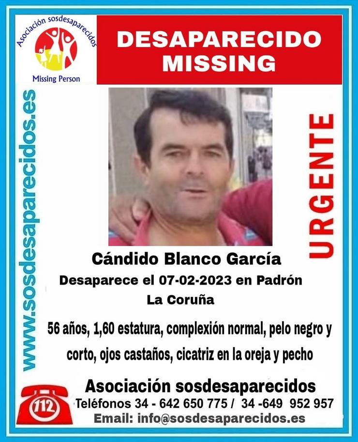 Cándido Branco García, home de 56 anos desaparecido desde o 7 de febreiro en Padrón / SOS DESPARECIDOS 