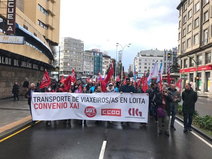 Manifestación convocada por CIG, UXT e CCOO pola negociación do convenio  do transporte de viaxeiros por estrada na provincia da Coruña. CIG / Europa Press