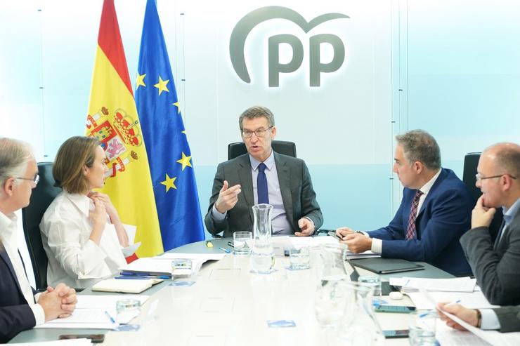O líder do PP, Alberto Nuñez Feijóo, preside a reunión do comité de dirección do PP, xunto ao seu equipo / Europa Press