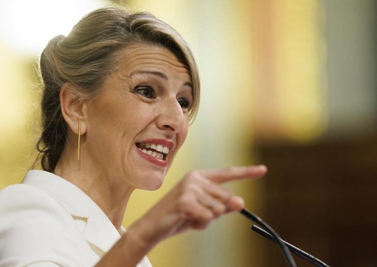 A vicepresidenta segunda e ministra de Traballo e Economía Social, Yolanda Díaz, intervén durante un debate da moción de censura, no Congreso dos Deputados, a 21 de marzo de 2023, en Madrid (España). O Salón de Plenos do Congreso acolle hoxe e. Eduardo Parra - Europa Press / Europa Press