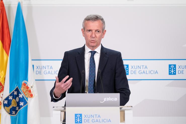 O presidente da Xunta, Alfonso Rueda, na rolda de prensa posterior á reunión semanal do Consello da Xunta. San Caetano / Xunta