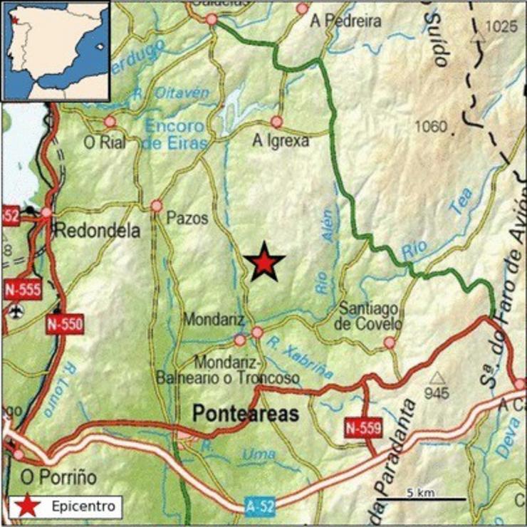 Imaxe do epicentro do terremoto de Mondariz (Pontevedra), do Instituto Nacional de Xeografía (ING) / Europa Press