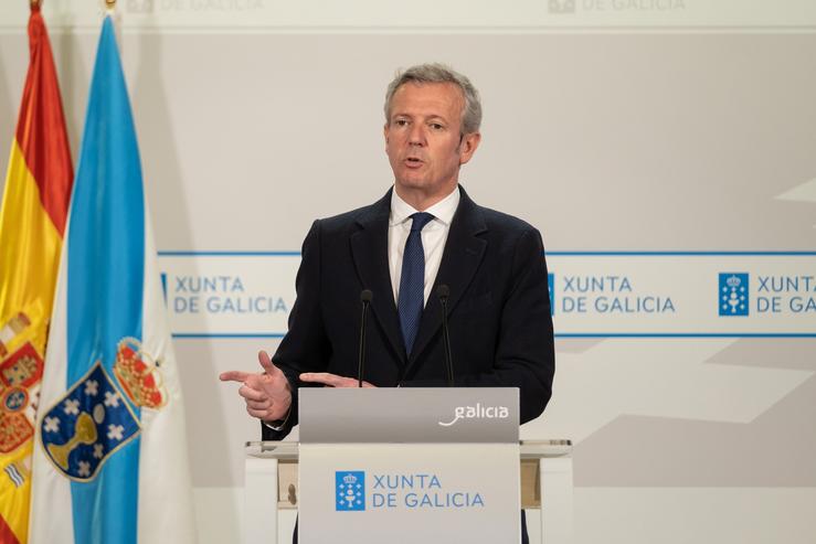 O presidente da Xunta, Alfonso Rueda, na comparecencia posterior ao Consello.. Xunta de Galicia