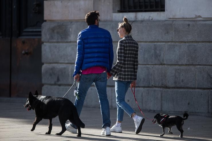 Unha parella pasea aos cans colleitos da man polas rúas de Madrid / Europa Press