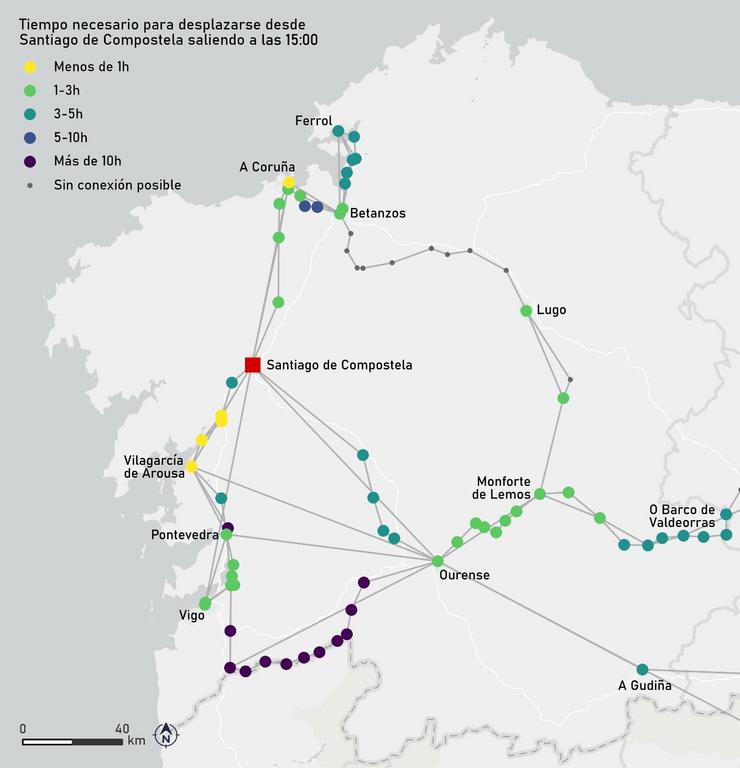 Tempo que tardan os desprazamentos en tren en Galicia 