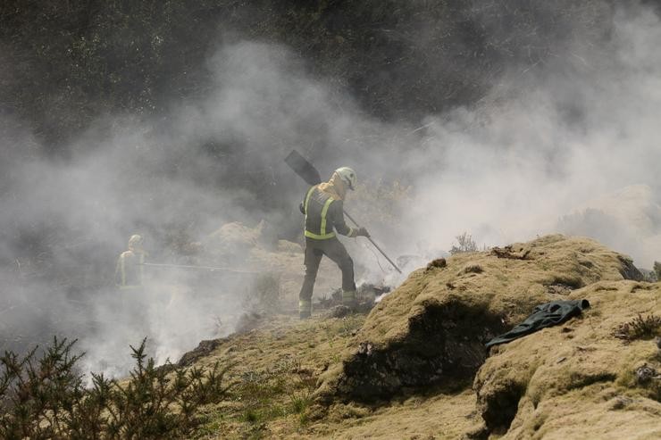 Dous bombeiros forestais traballan para extinguir as chamas nun incendio forestal 