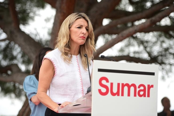 A líder de Sumar, Yolanda Díaz, intervén durante un acto público de Sumar, a 17 de xullo de 2023, en Pamplona, Navarra (España).. Iván Delgado - Europa Press / Europa Press