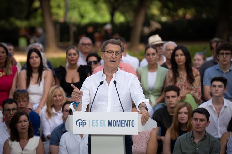 O candidato do PP para a Presidencia do Goberno, Alberto Núñez Feijóo, durante un mitin para as eleccións do 23J.. David Zorrakino - Europa Press / Europa Press