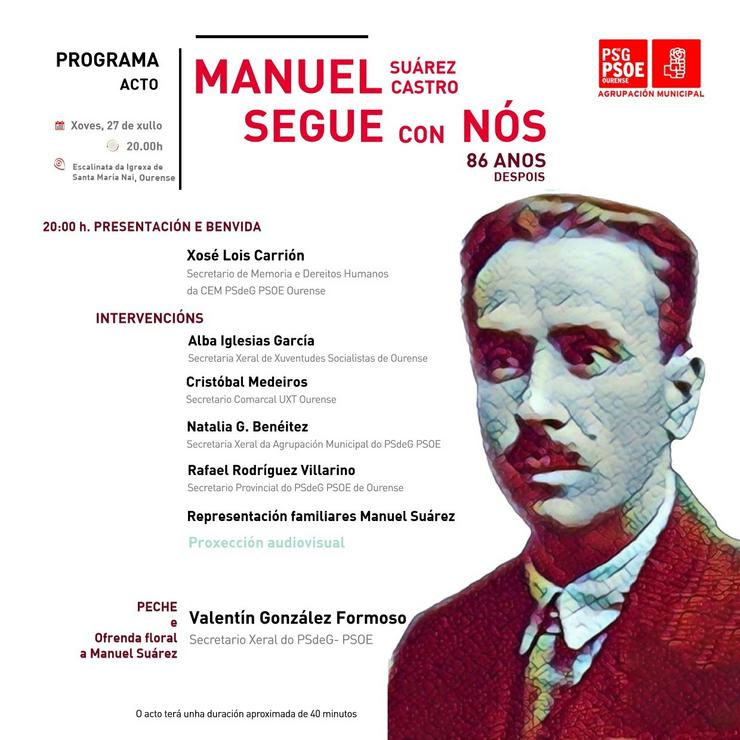 O PSOE homenaxea ao Manuel Suárez Castro, primeiro alcalde socialista de Ourense, 86 anos despois do seu fusilamento. PSDEG / Europa Press