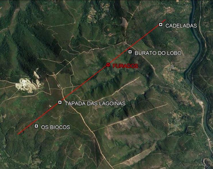 Aliñamendo mineiro Os Biocos-Burato do Lobo, entre os concellos de San Xoán de Río e Ribas de Sil, coa posición das explotacións galaico-romanas, entre elas a última atopada, Furados / Óscar Pazos