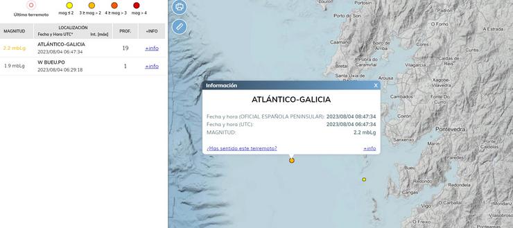 Sismos rexistrados esta mañá de venres na provincia de Pontevedra / IGN