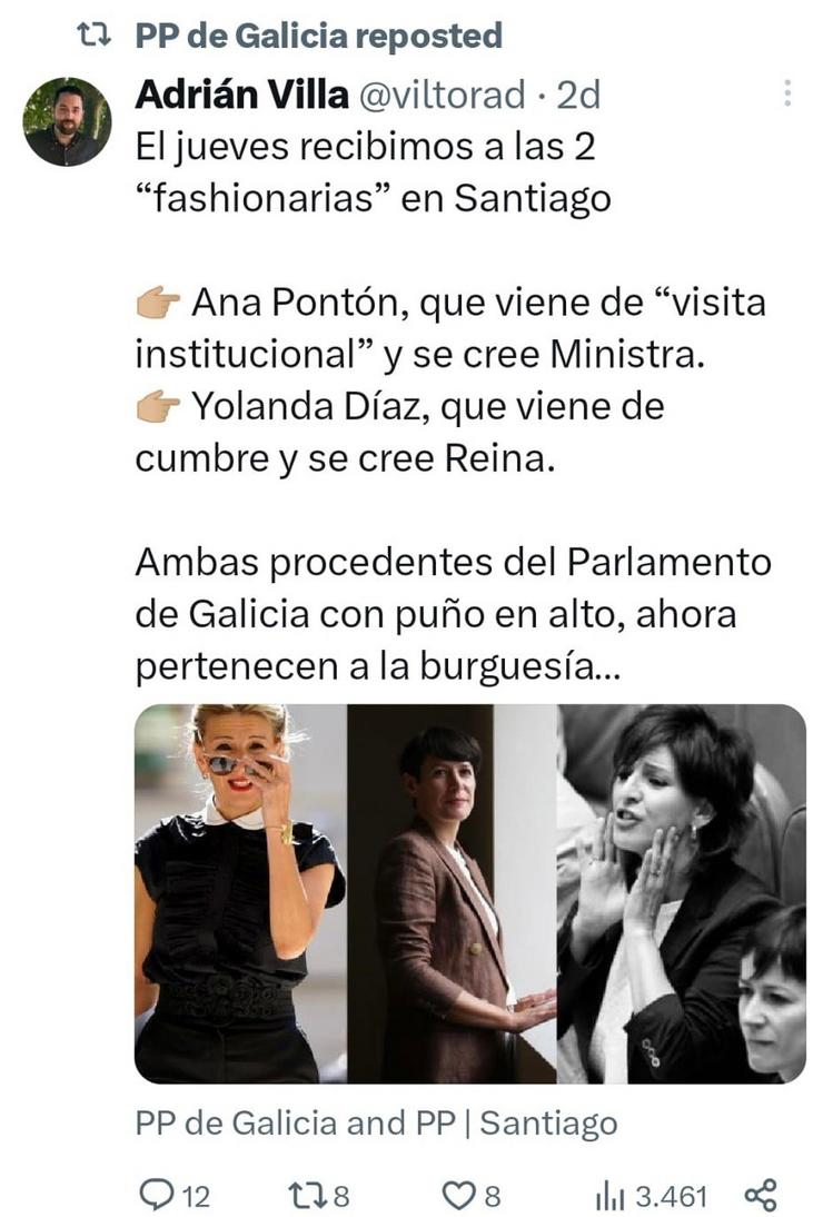 Comentario en X de Adrián Vila, concelleira do PP de Santiago, no que chama "fashionarias" a Ana Pontón e a Yolanda Díaz  para descualificalas politicamente. PANTALLAZO REMITIDO POR BNG / Europa Press