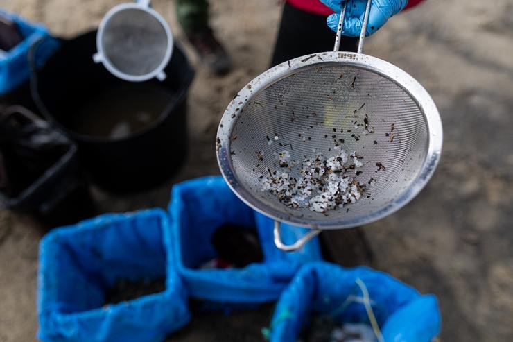 Pélets atopados na praia de Boa, a 13 de xaneiro de 2024, en Noia / Elena Fernández