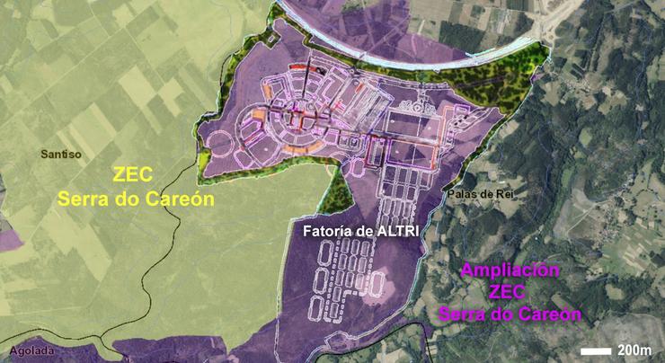 Proxecto de Altri en Palas de Rei  e a súa localización xunto á ZEC Serra do Careón.. ADEGA