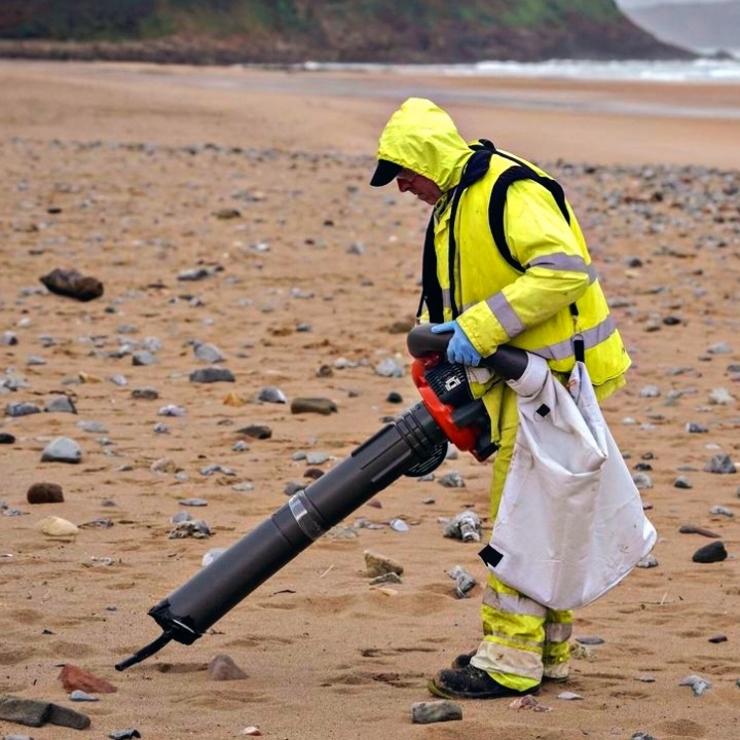 Operario traballa na limpeza de pélets nunha praia cunha aspiradora / EFE - Arquivo