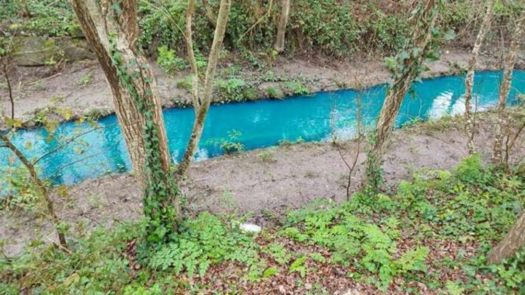 Contaminación do leito do río Muíños cunha mancha azul ao seu paso por porto do Molle | Foto Somos Nigrán
