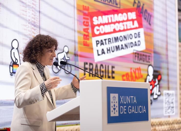 A alcaldesa de Santiago de Compostela, Goretti Sanmartín intervén durante a presentación no estand de Galicia, durante a 44ª edición da Feira Internacional do Turismo, Fitur 2024, en IFEMA Madrid, a 24 de xaneiro de 2024, en Madrid, (España).. Eduardo Parra - Europa Press 