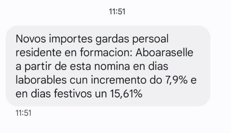 Mensaxe recibida por profesionais do Sergas a dous días do 18F sobre subidas salariais / CEDIDA POR SANITARIOS