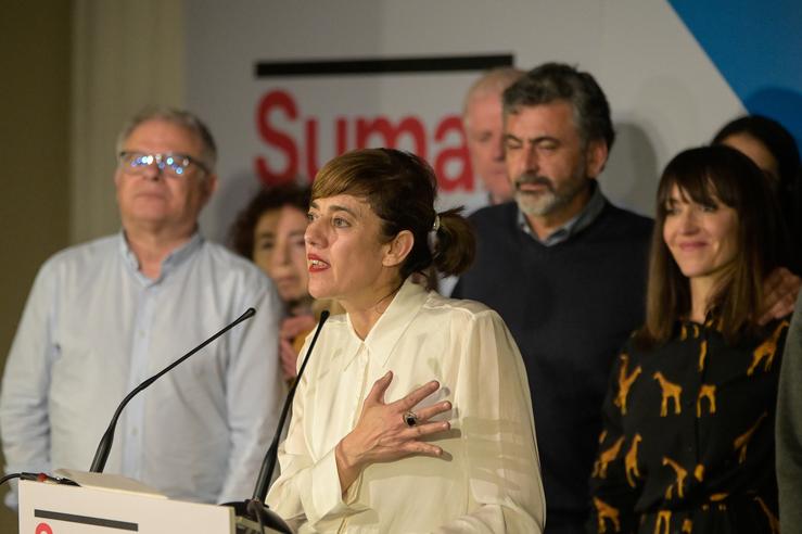 A candidata de Sumar á Presidencia da Xunta, Marta Lois, comparece ante os medios unha vez rematado o escrutinio / M. DYLAN