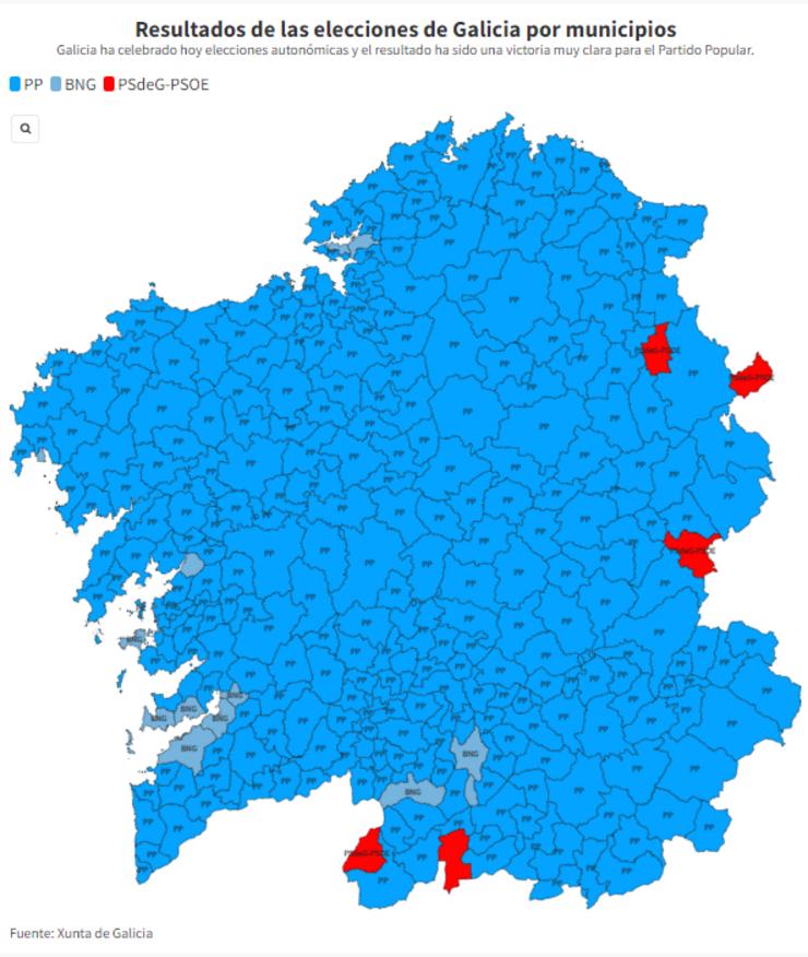 Así é o mapa do voto nos concellos galegos nas eleccións do 18F