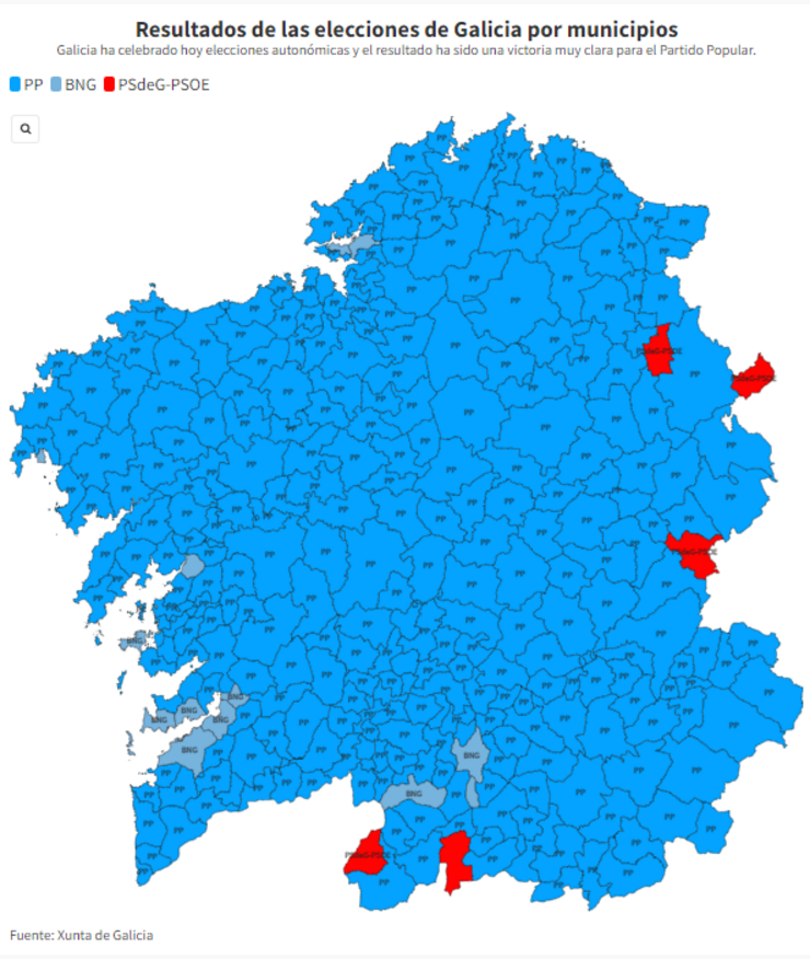 Así é o mapa do voto nos concellos galegos nas eleccións do 18F