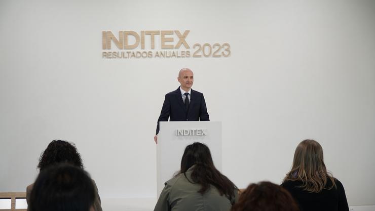 O conselleiro delegado de Inditex, Óscar García Maceiras, durante a presentación dos resultados do exercicio 2023 de Inditex,  a 13 de marzo de 2024, en Pontevedra, Galicia (España). Inditex rexistrou un beneficio neto marca de 5.381 millóns de euros. Gustavo da Paz - Europa Press 