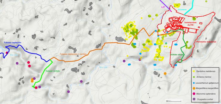 Mapa coas especies protexidas na zona onde Altri quere facer o seu proxecto en Palas 