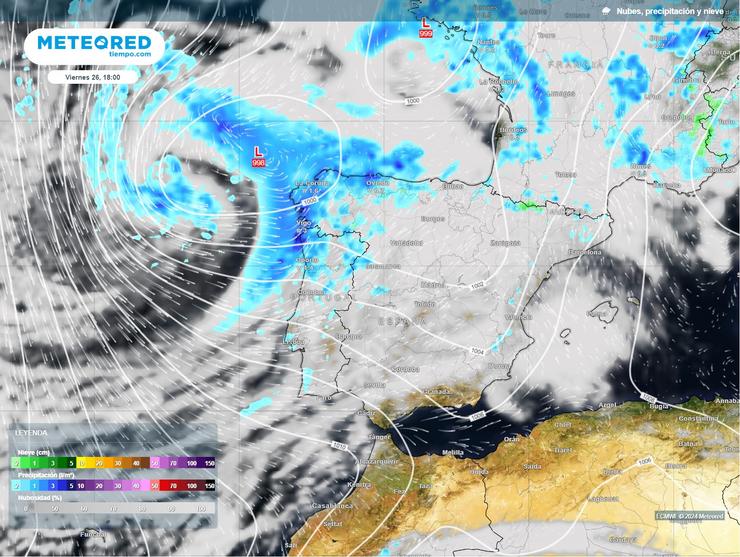 Posición prevista da borrasca fría o vindeiro venres, 26 de abril de 2024 ás 17 h UTC, coa nebulosidade e precipitación prevista asociada a ela 