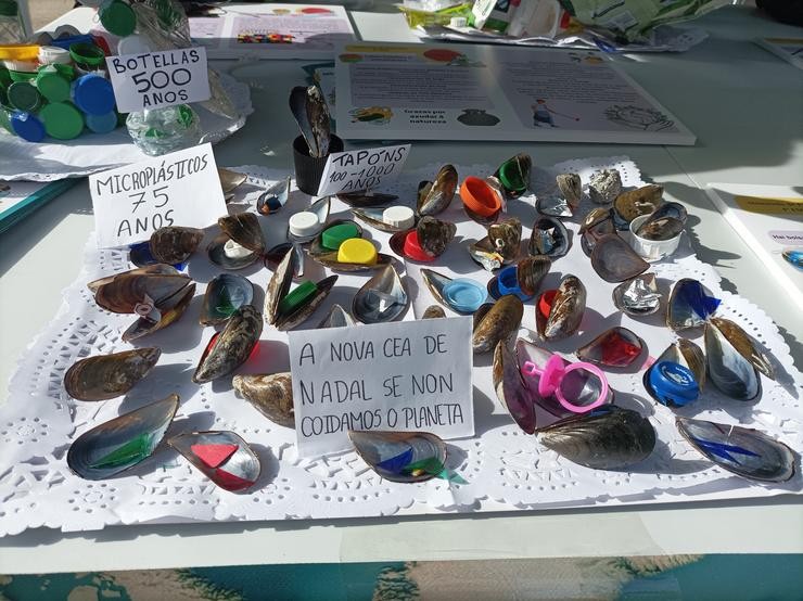 Rapaces de 4º de Filosofía do IES Félix Muriel de Rianxo vendendo lixo no mercado da vila, a 24 de abril de 2024 