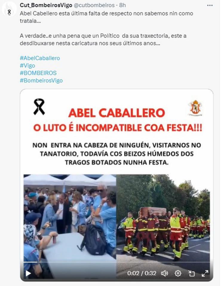 Imaxe dunha mensaxe en X do sindicato CUT Bombeiros Vigo, criticando a presenza do alcalde en actos festivos, antes de acudir ao tanatorio onde se velaba a un bombeiro falecido en acto de servizo, un dia de loito oficial na cidade / CUT BOMBEIROS VIGO