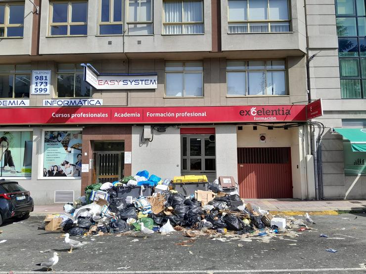 Lixo acumulado nunha rúa da Coruña, rodeada de gaivotas / Europa Press