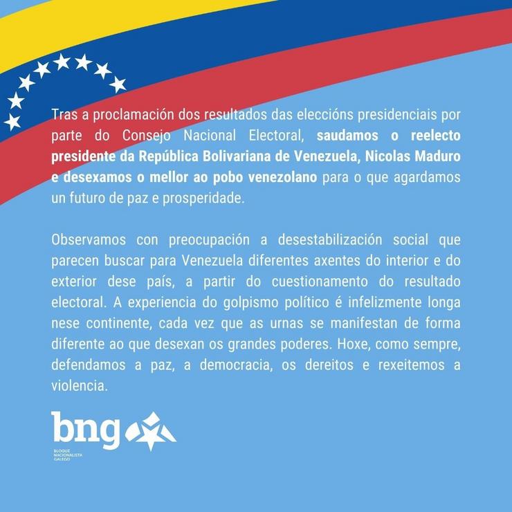 Mensaxe do BNG en redes sociais sobre o resultado das eleccións en Venezuela.. BNG / Europa Press