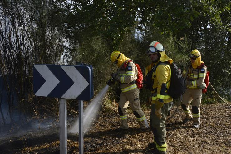 Varios bombeiros tratan de apagar o lume durante o incendio forestal na parroquia de Oseira, en San Cristovo de Cea/ Rosa Veiga