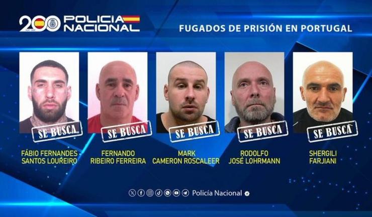 A Policía Nacional difunde a imaxe do cinco presos perigosos fuxidos en Portugal para pedir colaboración cidadá. POLICÍA NACIONAL / Europa Press