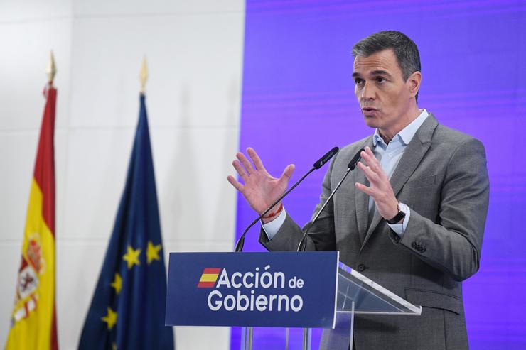 O presidente do Goberno, Pedro Sánchez, intervén durante o acto de presentación da nova campaña 