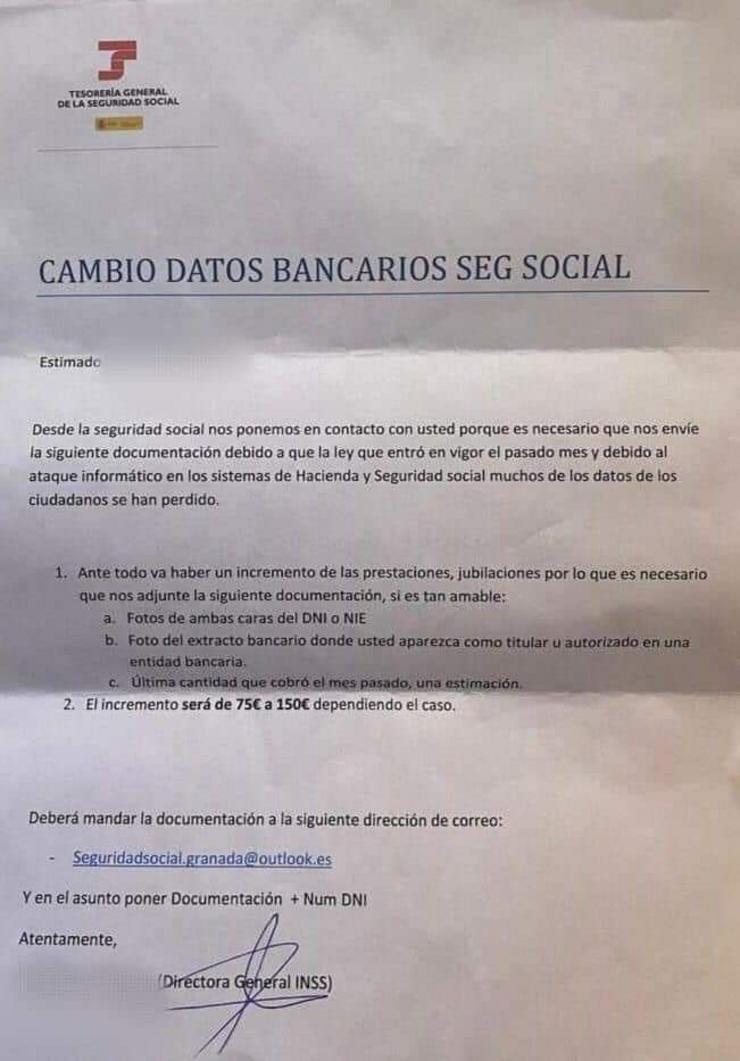 Carta falsa remitida a pensionistas nun novo intento de timo 