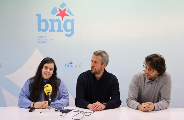De esquerda a dereita: Iria Buide, Rubén Arroxo e Felipe Rivas, nunha rolda de prensa do BNG de Lugo / BNG