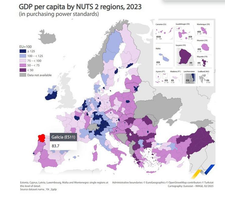 Riqueza per cápita en 2023 por rexións, segundo Eurostat. EUROSTAT / Europa Press