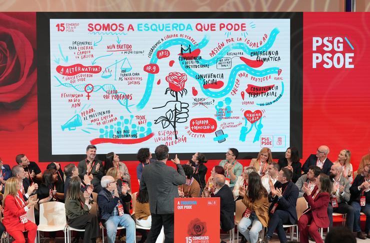 O secretario xeral do PSdeG, José Ramón Gómez Besteiro, intervén durante a clausura do 15 Congreso Rexional do PSdeG, na Cidade da Cultura, a 9 de marzo de 2025, en Santiago de Compostela / Álvaro Ballesteros