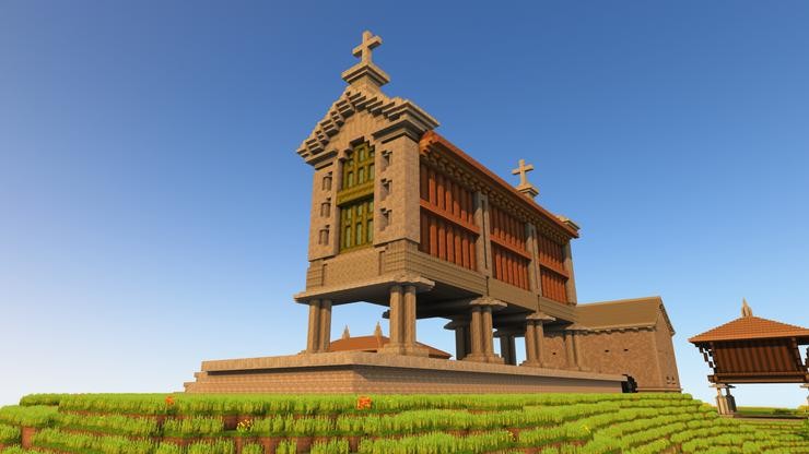 Hórreo galego recreado por Gabriel García, da canle de YouTube Minecraftéate, no videoxogo Minecraft 
