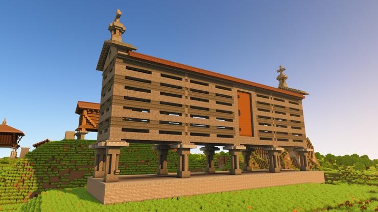Hórreo galego recreado por Gabriel García, da canle de YouTube Minecraftéate, no videoxogo Minecraft 