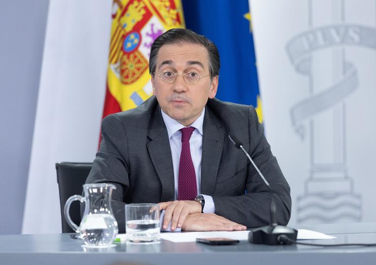 O ministro de Asuntos Exteriores, Unión Europea e Cooperación, José Manuel Albares, durante unha rolda de prensa posterior á reunión do Consello de Ministros, no Palacio da Moncloa, a 1 de abril de 2025, en Madrid (España). O Consello de Ministro. Eduardo Parra - Europa Press / Europa Press