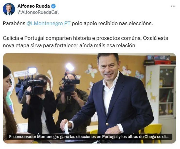 O presidente da Xunta, Alfonso Rueda, felicitou na rede social 'X' ao candidato da coalición conservadora Alianza Democrática (AD), Luís Montenegro, por por a súa vitoria nas eleccións lexislativas de Portugal. CAPTURA EP 