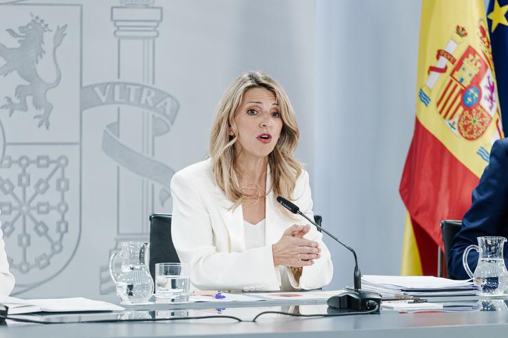 A vicepresidenta segunda e ministra de Traballo e Economía Social, Yolanda Díaz, durante unha rolda de prensa posterior á reunión do Consello de Ministros 