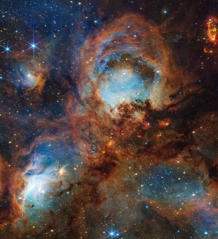 A imaxe infravermella próxima da Nebulosa Pata de Gato, obtida polo Telescopio Espacial James Webb da NASA. Estrelas novas masivas están tallando o gas e o polvo, mentres que a súa brillante luz estelar produce un resplandor nebuloso. Co tempo, esta rexión turbulenta deterá a formación estelar 