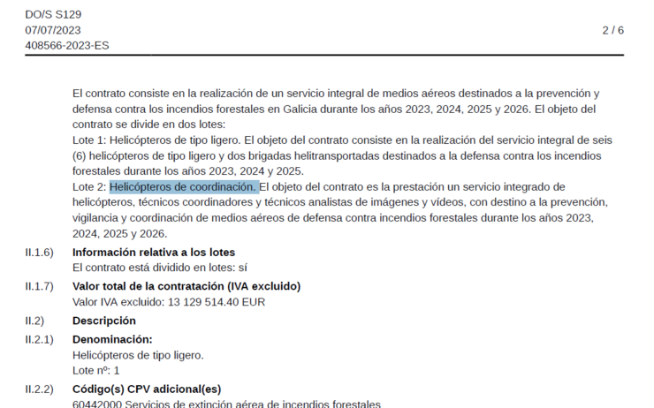 Valor total da contratación de helicópteros coordinación e contraincendios