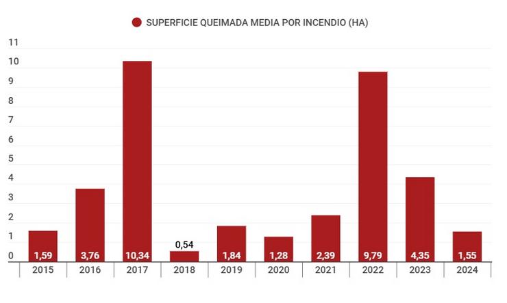Media de hectáreas calcinadas nos incendios forestais rexistrados en Galicia entre o 2015 e o 2024 