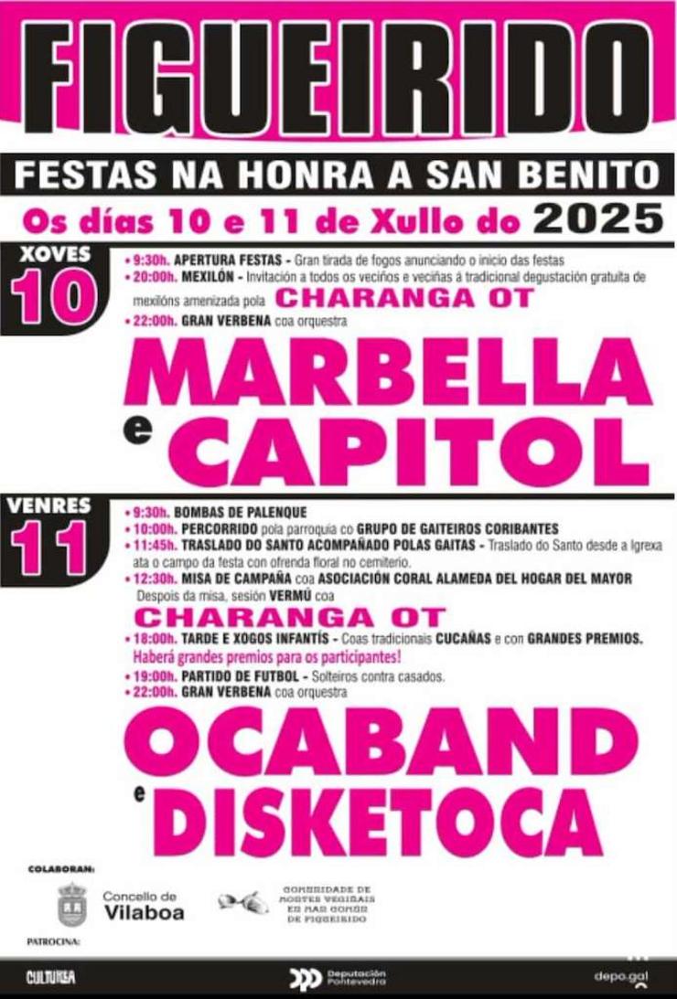 Cartel das festas deste 2025 da parroquia de Figueirido, en Vilaboa, cun día menos do previsto polo impacto dun festival próximo 
