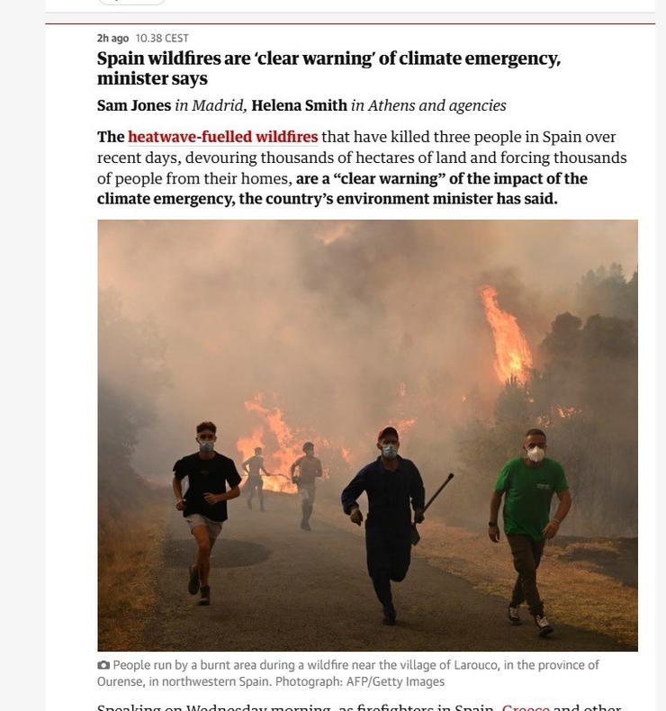 Artigo en The Guardian sobre incendios en España e Galicia. THE GUARDIAN / Europa Press
